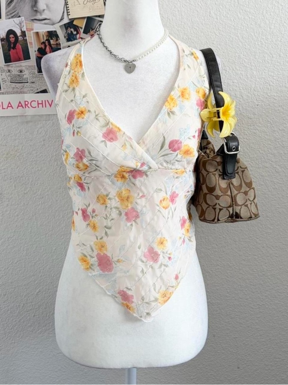 Vintage Y2K Deadstock Sequin Floral Fairy Cottage Core Asymmetrical Halter Top